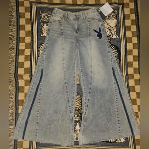 PLAYBOY Blue Flare Wide Leg Jeans Logo Whiskered Raw Hem